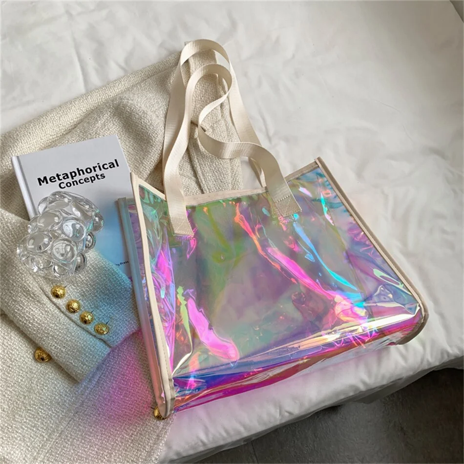 Women 2022 Trendy PVC Transparent Laser Bag Female Large Capacity Commute Handbags and Purses Ladies Waterproof Shopper Tote Sac