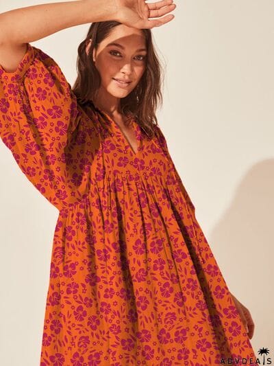 Floral Tie Neck Balloon Sleeve Dress