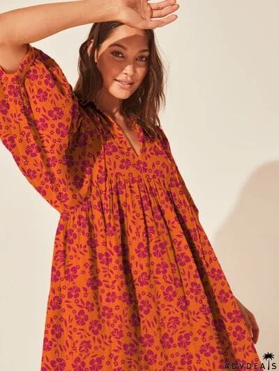 Floral Tie Neck Balloon Sleeve Dress