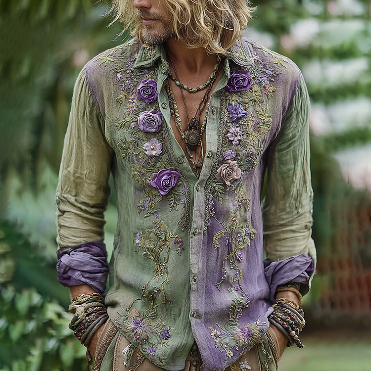 Men's Vintage Floral Embroidered Comfy Linen Shirt