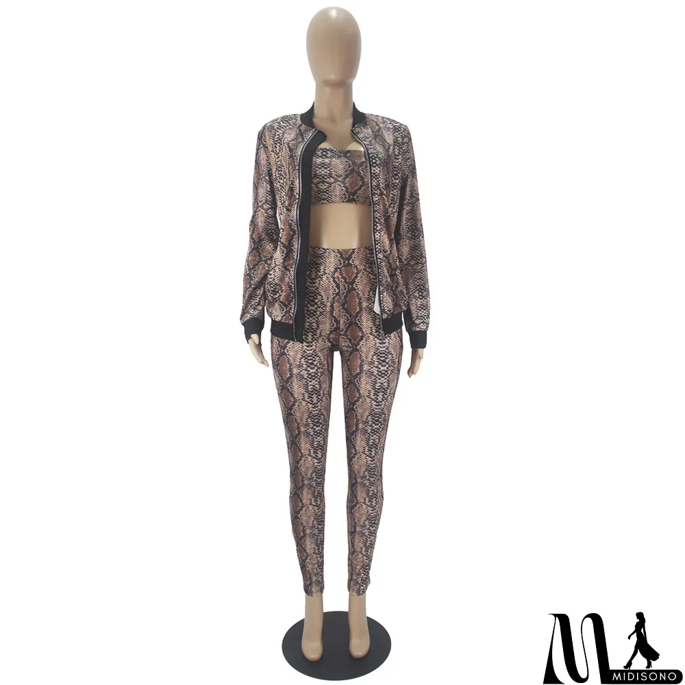 MidiSono - Snake Print Zipper Cardigan Wrapped Chest Three-piece Suit