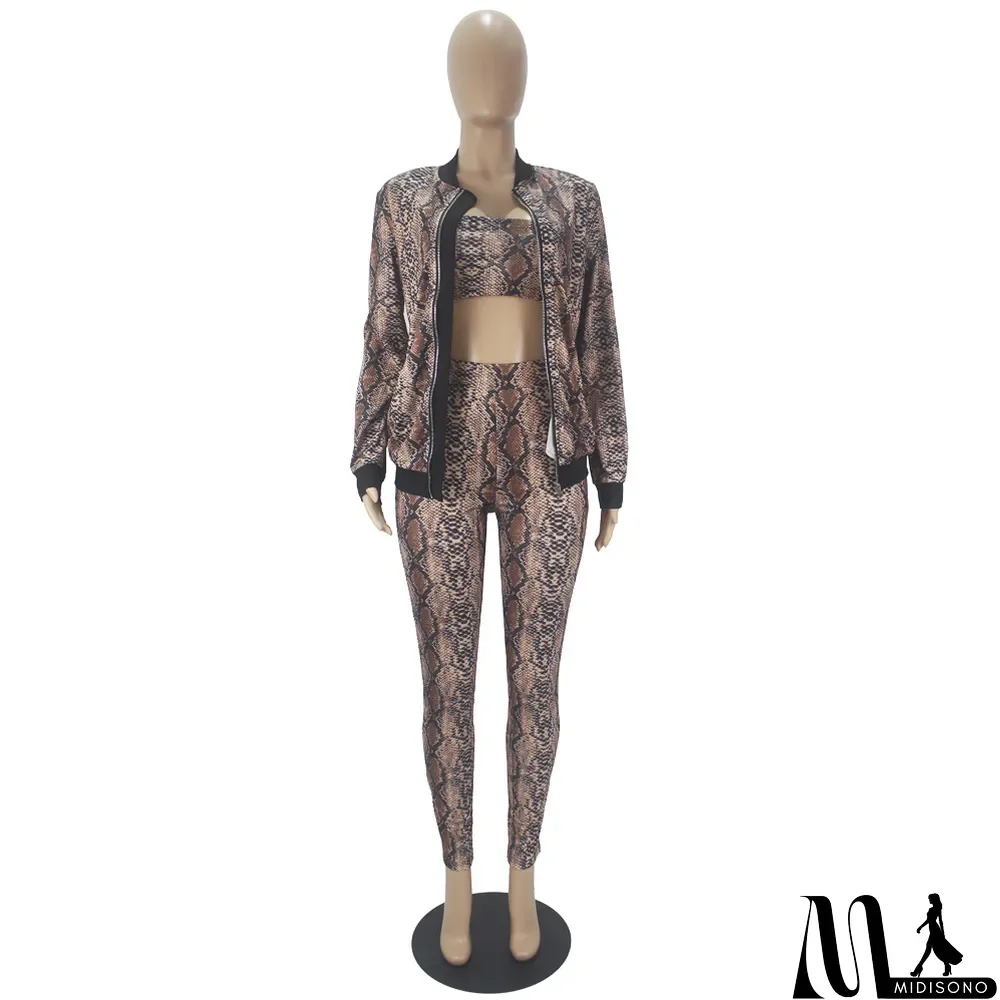 MidiSono - Snake Print Zipper Cardigan Wrapped Chest Three-piece Suit