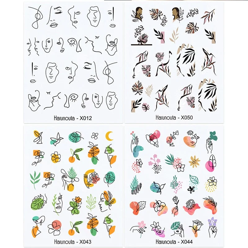 4Pcs/Set Flower Leaves Water Decasl Stickers Floral Geometric Lines Transfer Water Sliders For Nails Manicures Decoration