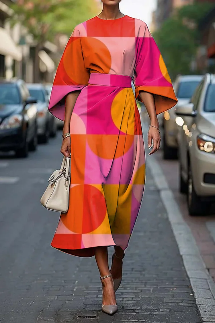 Women's Elegant Geometric Abstract Art Print Midi Dress