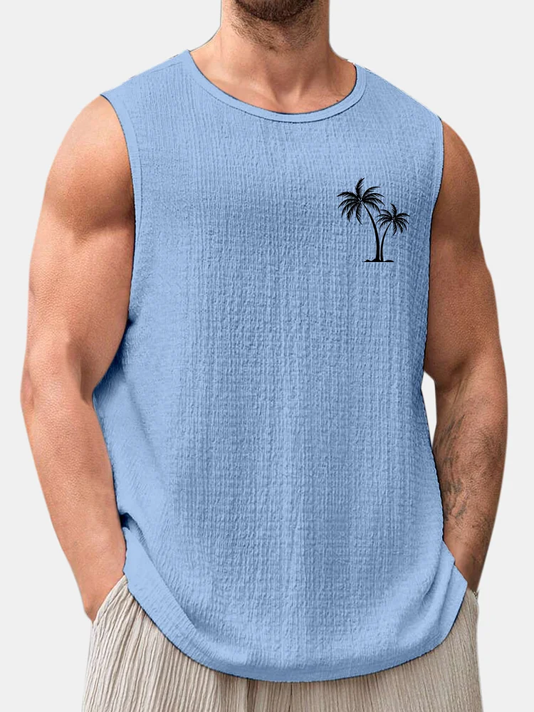 Men's Summer Solid Color Daily Coconut Print Puff Wrinkle Sleeveless T-shirt