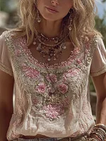 Women's Vintage Floral Pattern Crew Neck T-shirt