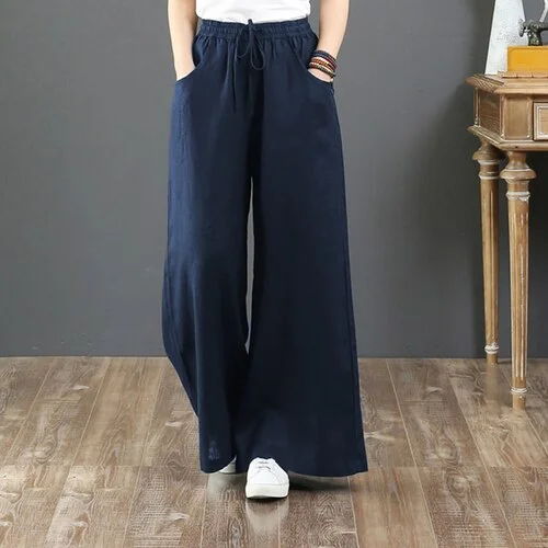 Casual Pants Women Linen Casual Ins S-3XL Female Elegant Popular Spring Baggy Ulzzang Drawstring Wide Leg Trouser 21 Colors Chic