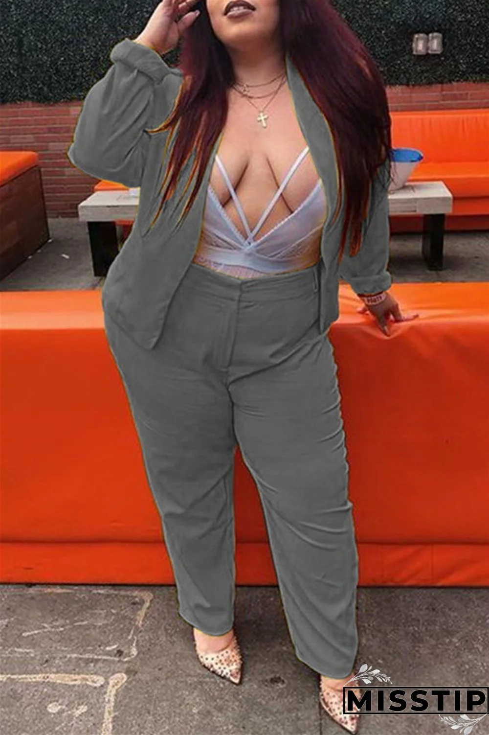 Black Fashion Casual Solid Cardigan Pants Plus Size Two Pieces