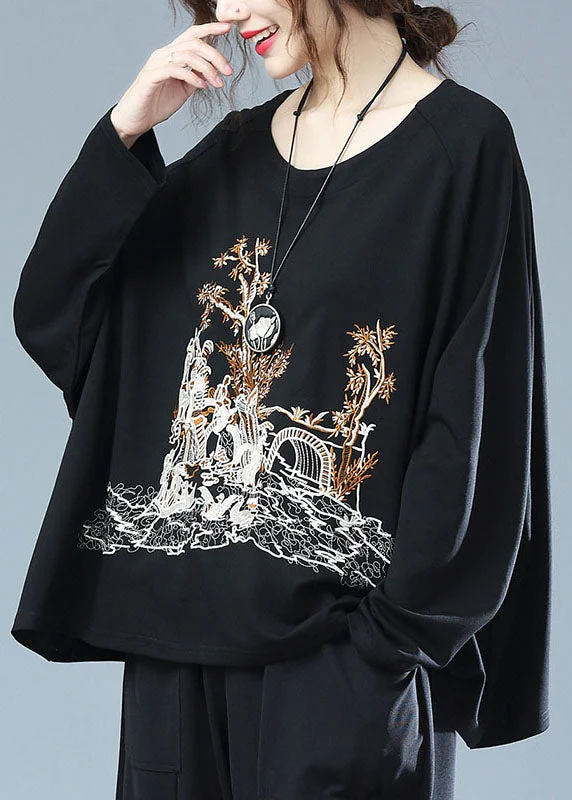 Plus Size Black O Neck Embroideried Patchwork Cotton T Shirt Top Fall
