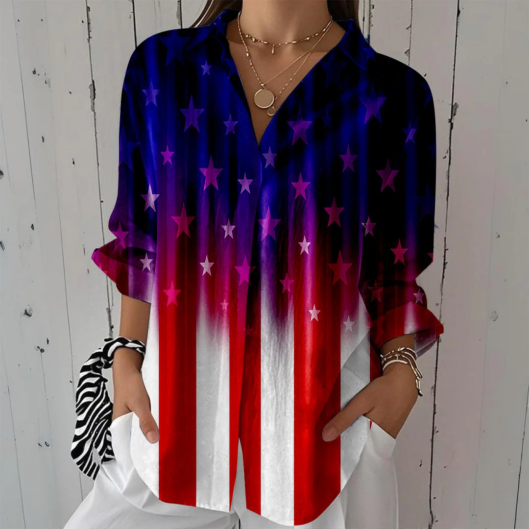 Style & Comfort for Mature Women Women  Independence Day, Star, Striped, Blue, Red DZCL0243 3/4 Sleeve Shirt Collar Printed Button Tops