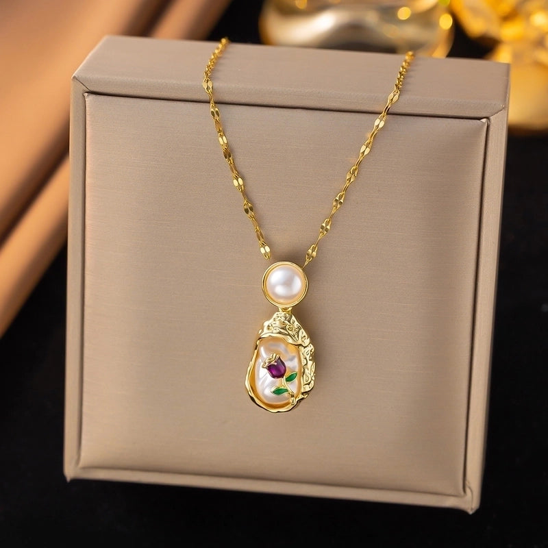 Elegant Glam Irregular Flower 316 Stainless Steel  Copper Pearl Inlay Pendant Necklace