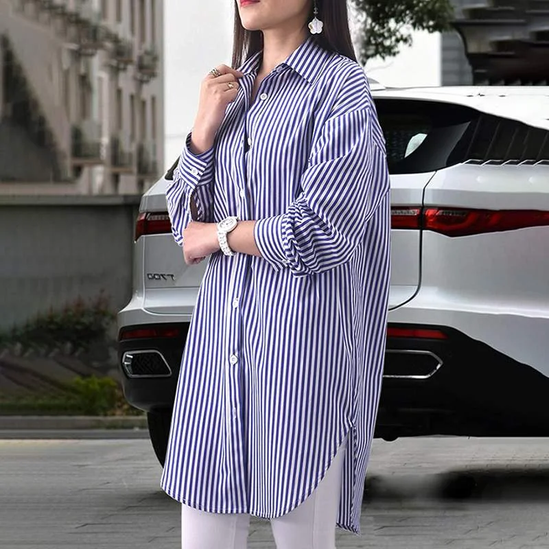 ZANZEA Femme Fashion Chemise Street Blusas Full Sleeve Lapel Collar Stylish Shirts Vintage Autumn Women's Casual Striped Blouse