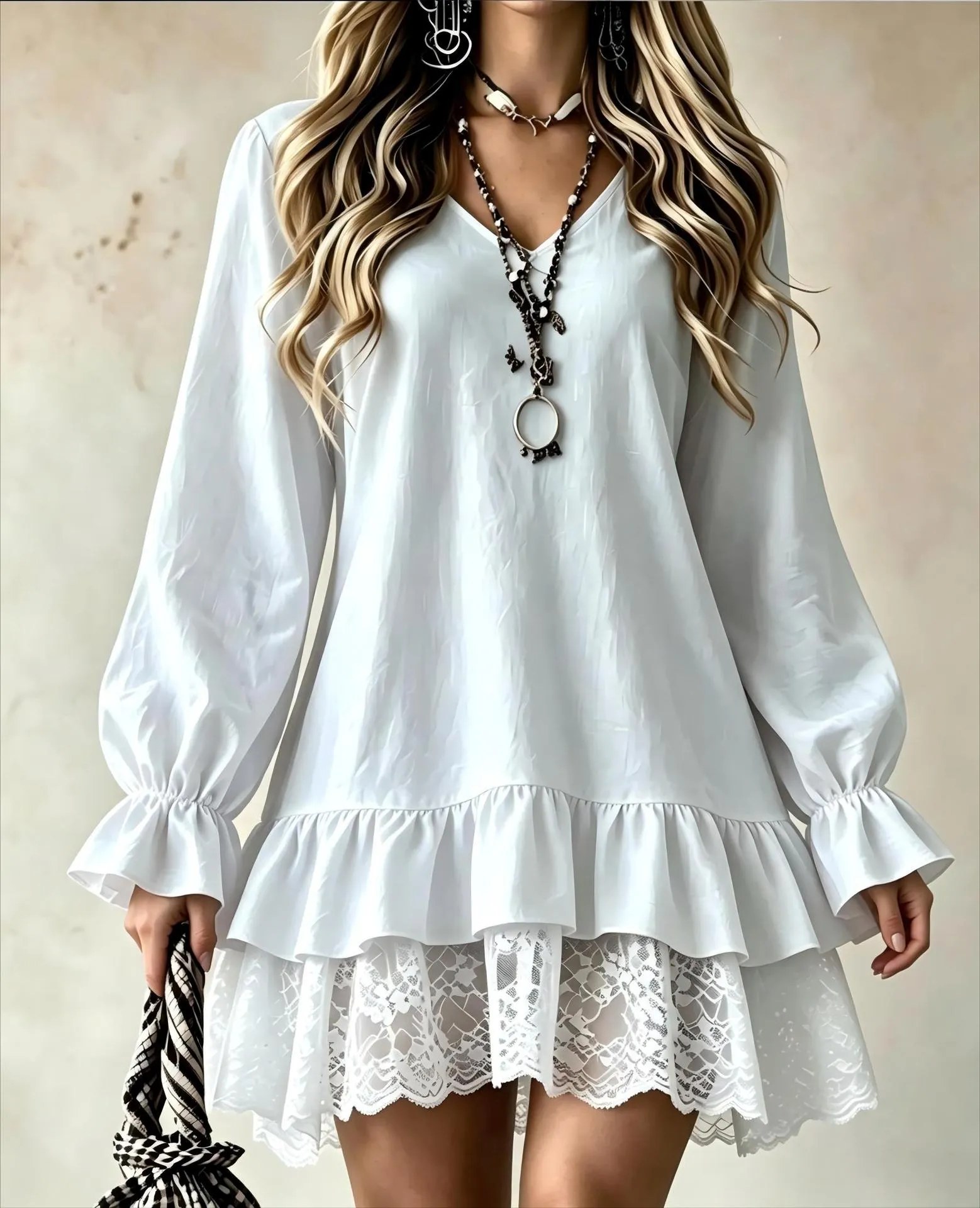 Women's V Neck Long Bell Sleeve Tunic Dress