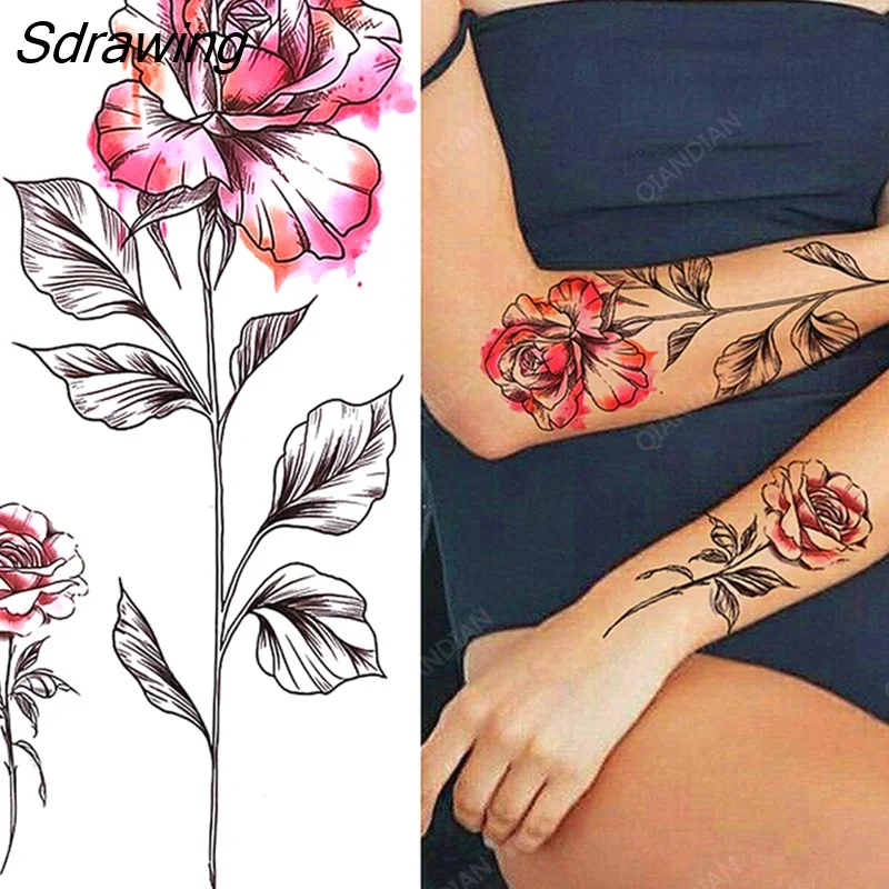 Sdrawing Wolf Flower Rose Bouquet Camellia Women Lady Waterproof Temporary Tattoos Fake Stickers Arm Forearm Cool Art Sexy Black