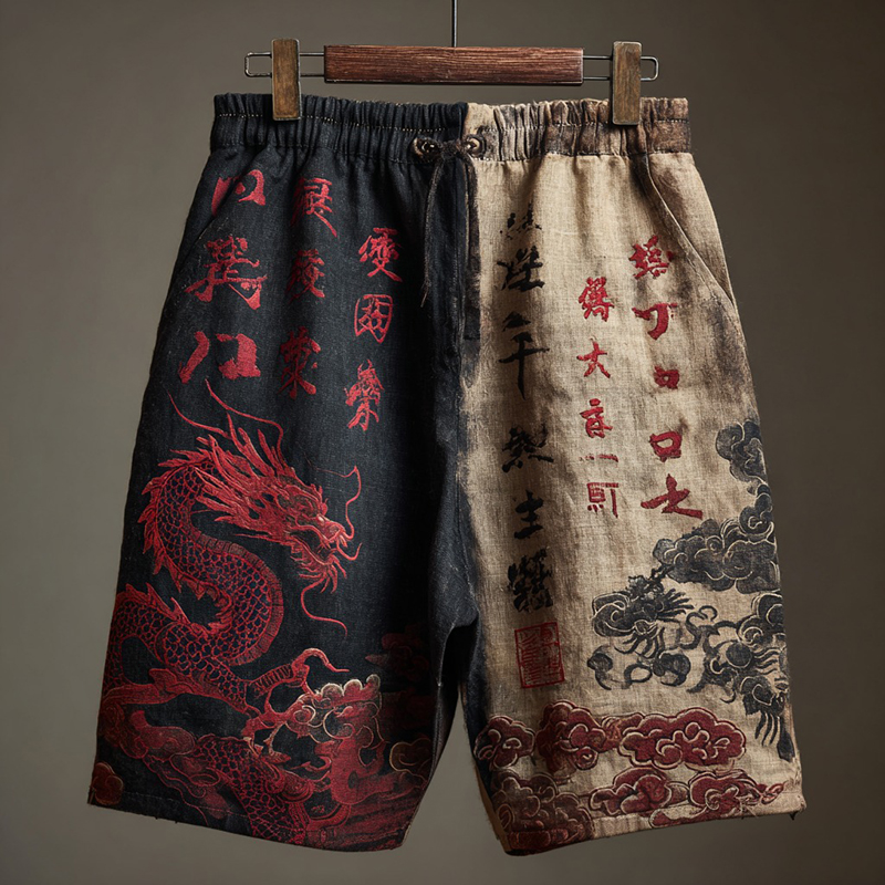 Men's Japanese Calligraphy And Dragon Art Linen Shorts  artssus