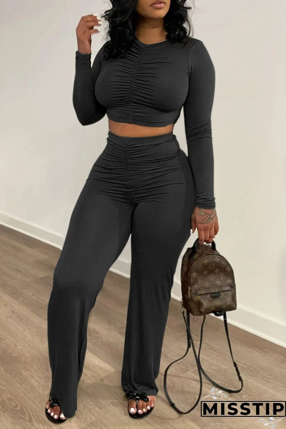 Orange Fashion Casual Solid Fold O Neck Long Sleeve Two Pieces