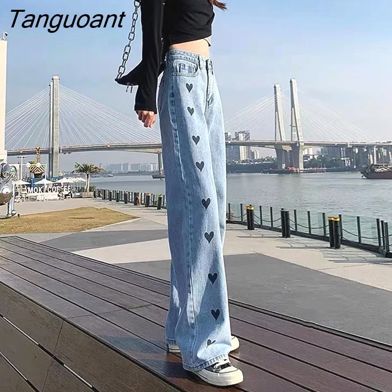 Tanguoant Lace Straight Jeans Women Sweet All-match Streetwear Korean Style Baggy Trousers Denim Bottoms Elegant Mujer Fashion Ins