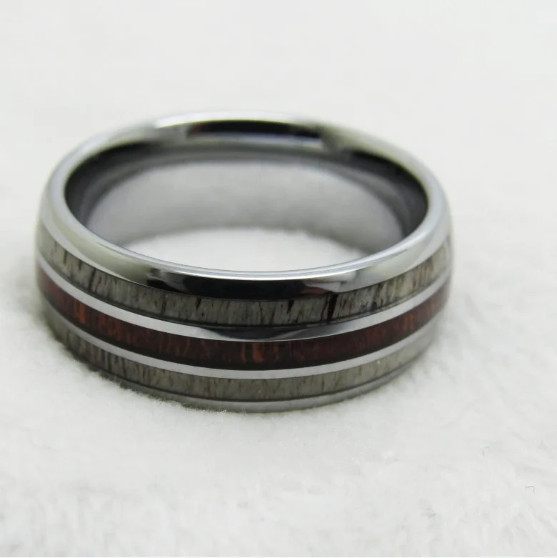 8MM Sliver Tungsten With Full Arc Polished With Deer Antler On Both Sides And Mahogany In The Middle Wedding Bands