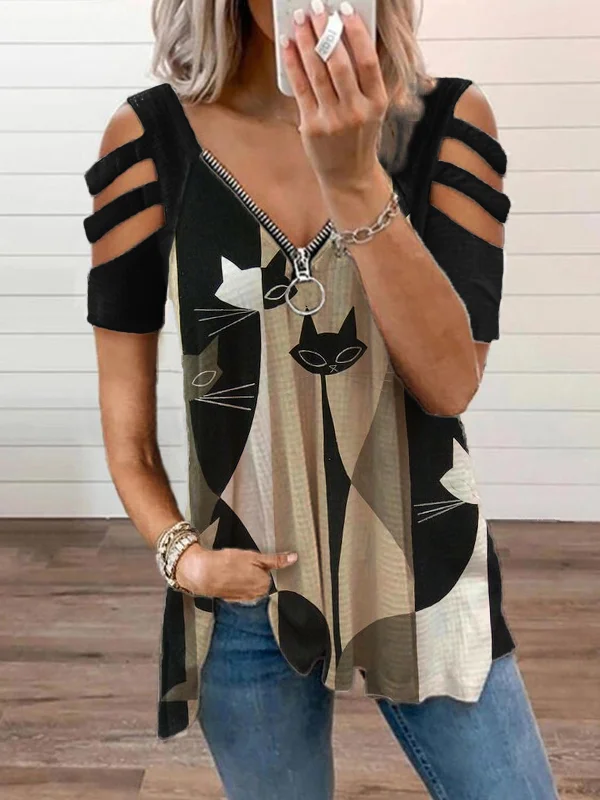 Cats Colorblock Art Hollow Shoulder T Shirt