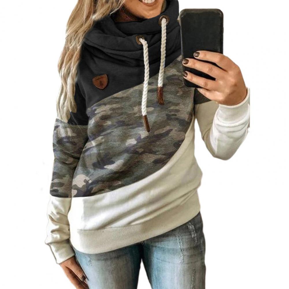 Women Print Patchwork Hooded Sweatshirt Long Sleeve Drawstring Hoodie