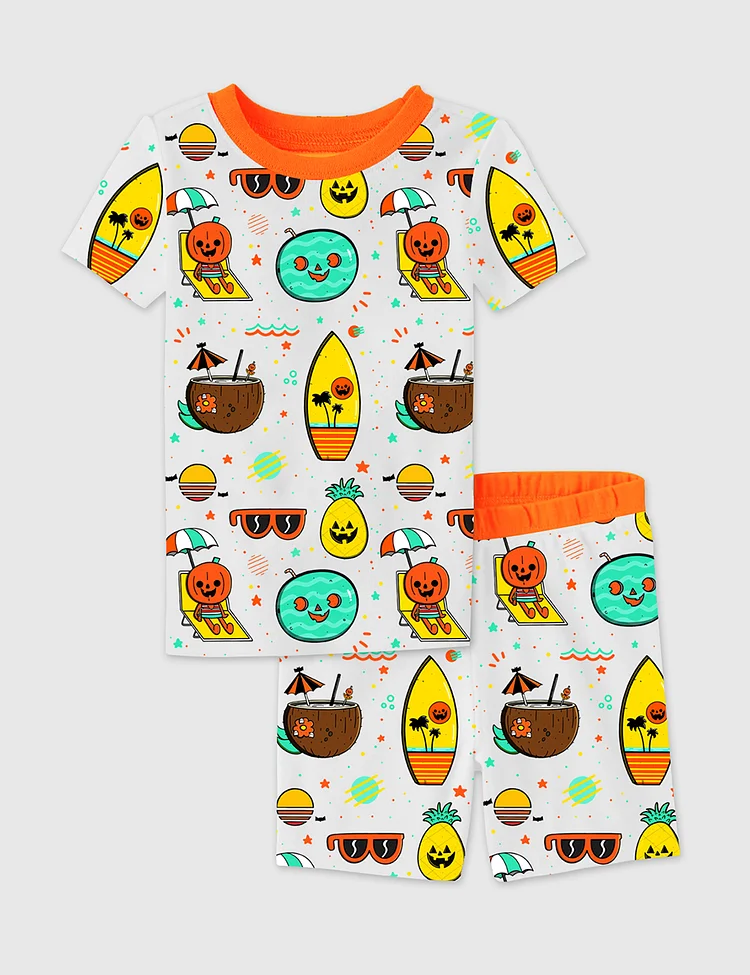 Kid's Summerween Spooky Beach Vibes Pumpkin Trendy Summer Print Short Sleeve Pajama Set