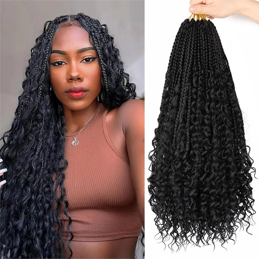 [Wequeen] Crochet Boho Box Braids With Synthetic hair Curls Pre Looped Box Braids With Curly Synthetic hair Full Ends Hair Extensions For Women Natural Color 18 Inch 1 Pack 15 Strands