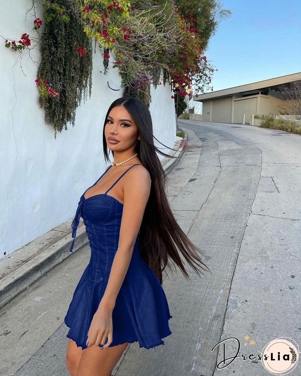 Women Sexy Solid Color Spaghetti Straps Eyelet Lace-Up Slim Fit Clubwear Denim A-Line Mini Dress