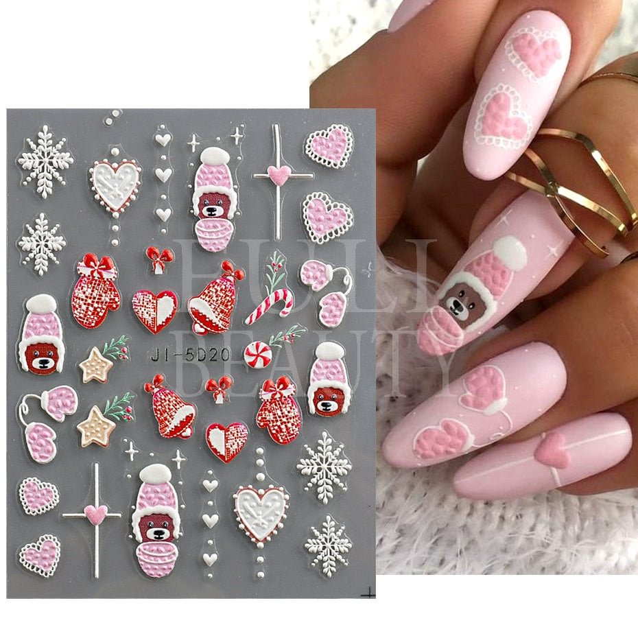 5D Relief Cute Bears Snow Nails Stickers Winter Gloves Snowflake Christmas Decoration Design Manicure Decals on New Year JI-5D20