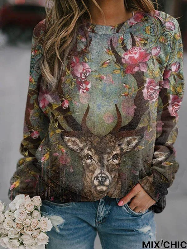 Floral Casual Crew Neck Long Sleeve Shirts & Tops