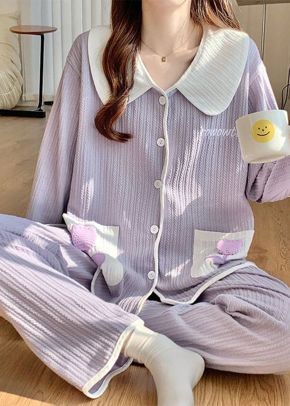 Cute Purple Peter Pan Collar Patchwork Embroidery Cotton Pajamas Two Piece Suit Spring