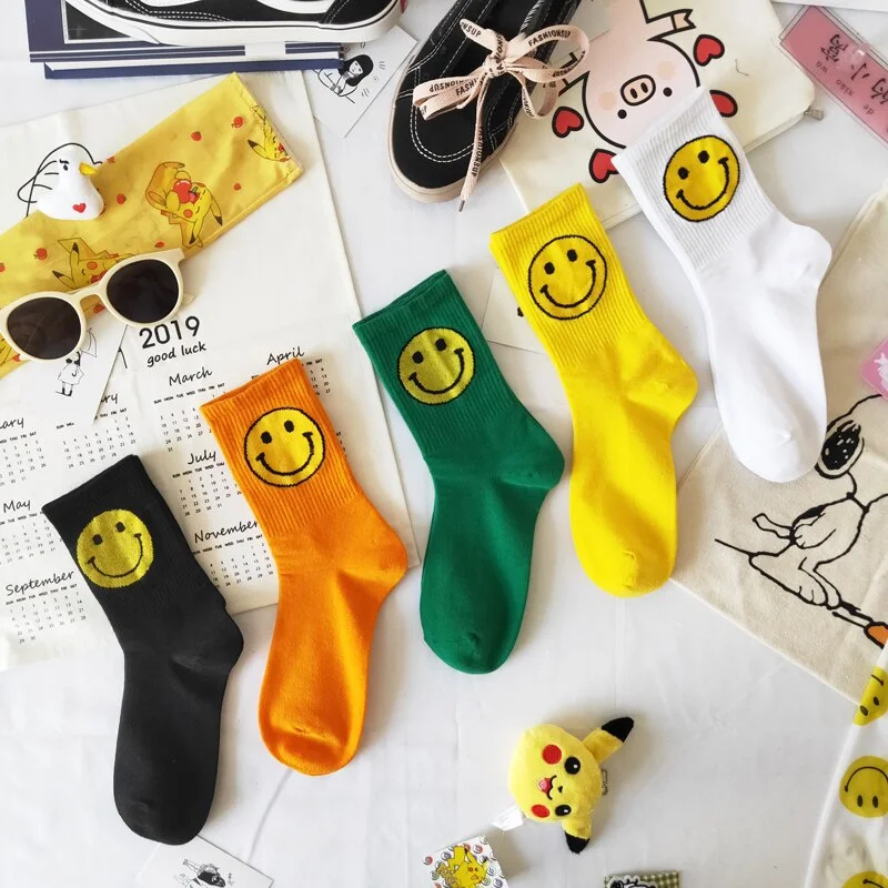 5pairs/set Women's Socks Big Smile Face Mid-calf Length Media Corta Crew Female Cotton Sock Couple Socks