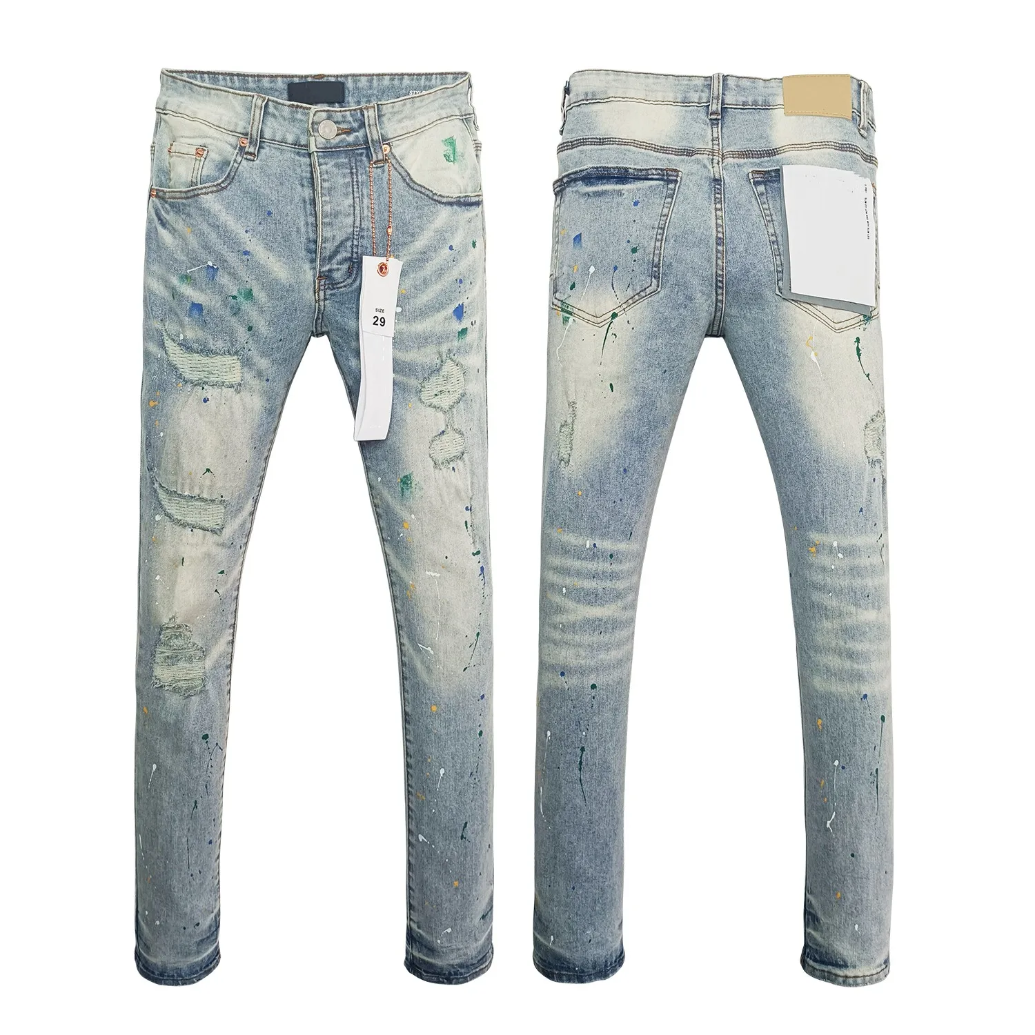 Wimaskel New Purples jeans American high street Retro wash hole patch trend straight Stylish low raise Elastic Skinny jeans brand pants