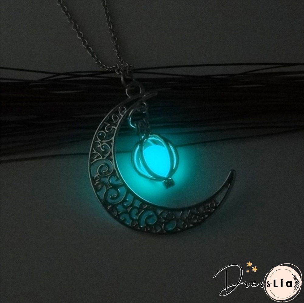 Moon Glowing Necklace Turquoise Charm Jewelry Silver Plated Necklace Pendant Luminous Necklace Gift