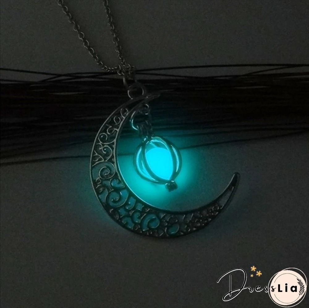Moon Glowing Necklace Turquoise Charm Jewelry Silver Plated Necklace Pendant Luminous Necklace Gift