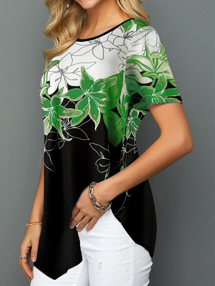 Irregular Flower Print Short Sleeves O neck Casual T shirt For Women P1680885