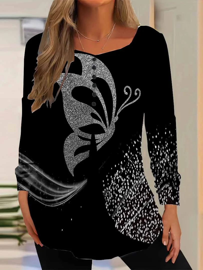 Women Graphic,Black DZGG8340 Long Sleeve Scoop Neck Printed Graphic Button Fake 2in1 Tops