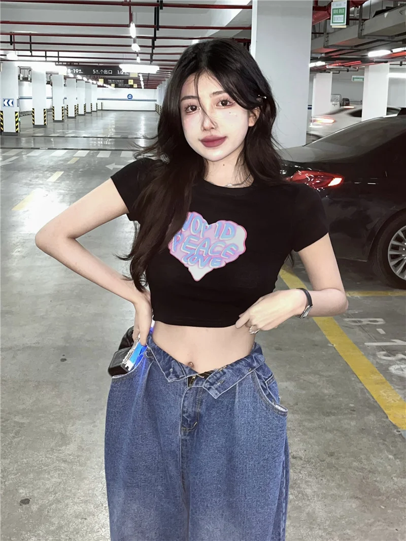 Uveng Uveng T-Shirt Girl 2023 Summer New Ins Trendy Sweet Hot Girl Print Design Sense Short Slim Student Top