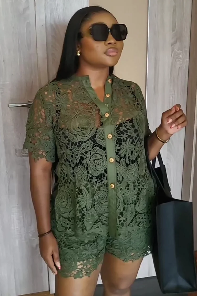Jacquard Lace Short Sleeve Button Up Blouse Shorts Matching Set-Green