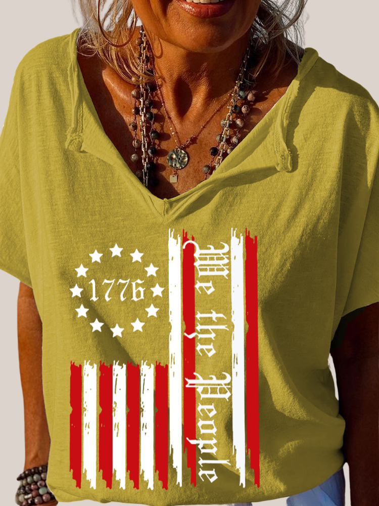 Amercian Flag Help the People Trundown Collar T Shirt Women's Loose Short Sleeve Top Spring Plus Size Shirt