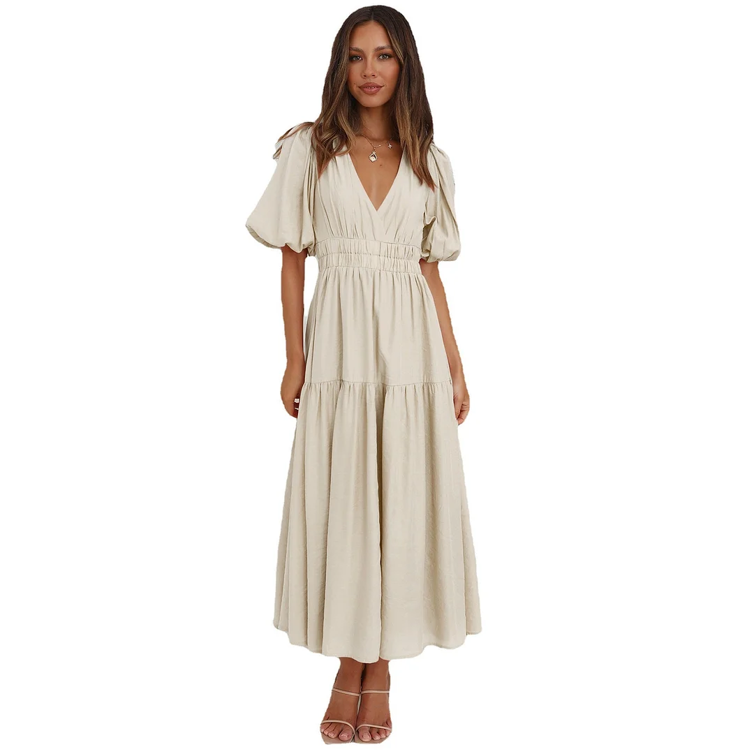 Brownm Summer Advanced Sense Vacation Style Deep V Puff Dresses