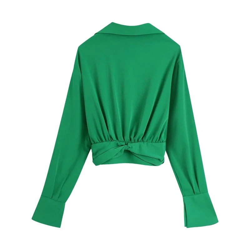 SLMD Stylish Chic Green Knot Cropped Blouses Women 2021 Fashion Sexy V-Neck Long Sleeve Shirts Female Casual Tops