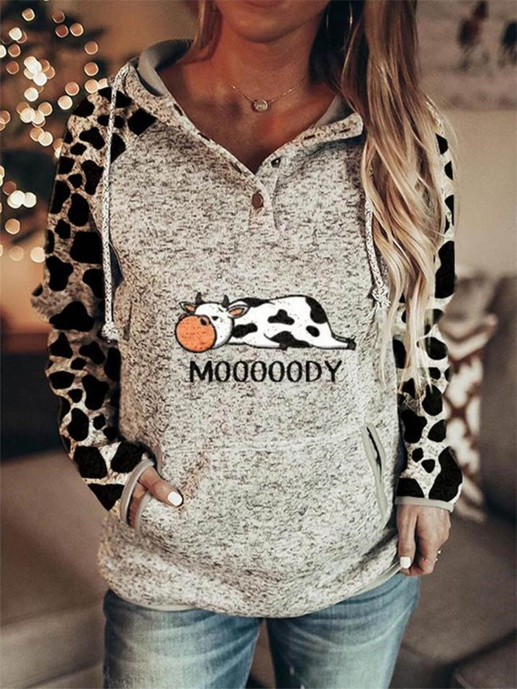 Moody Cow Print Cowhide Button Up Hoodie wearshes
