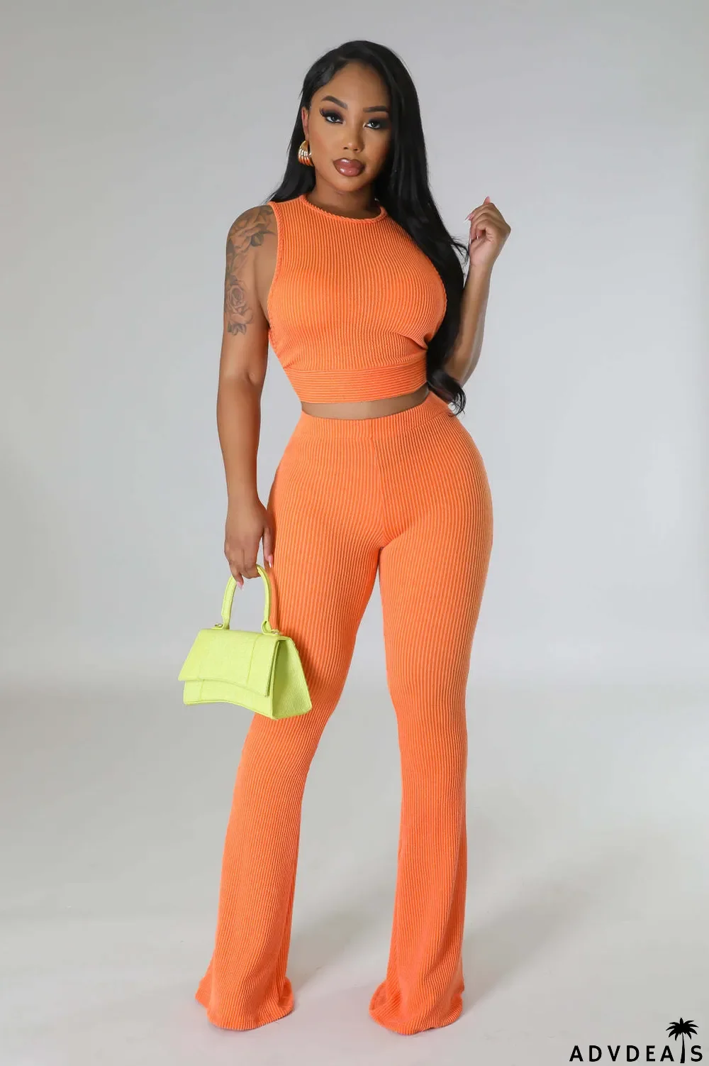 Solid Sleeveless Tops And Flare Pant Two Piece Set