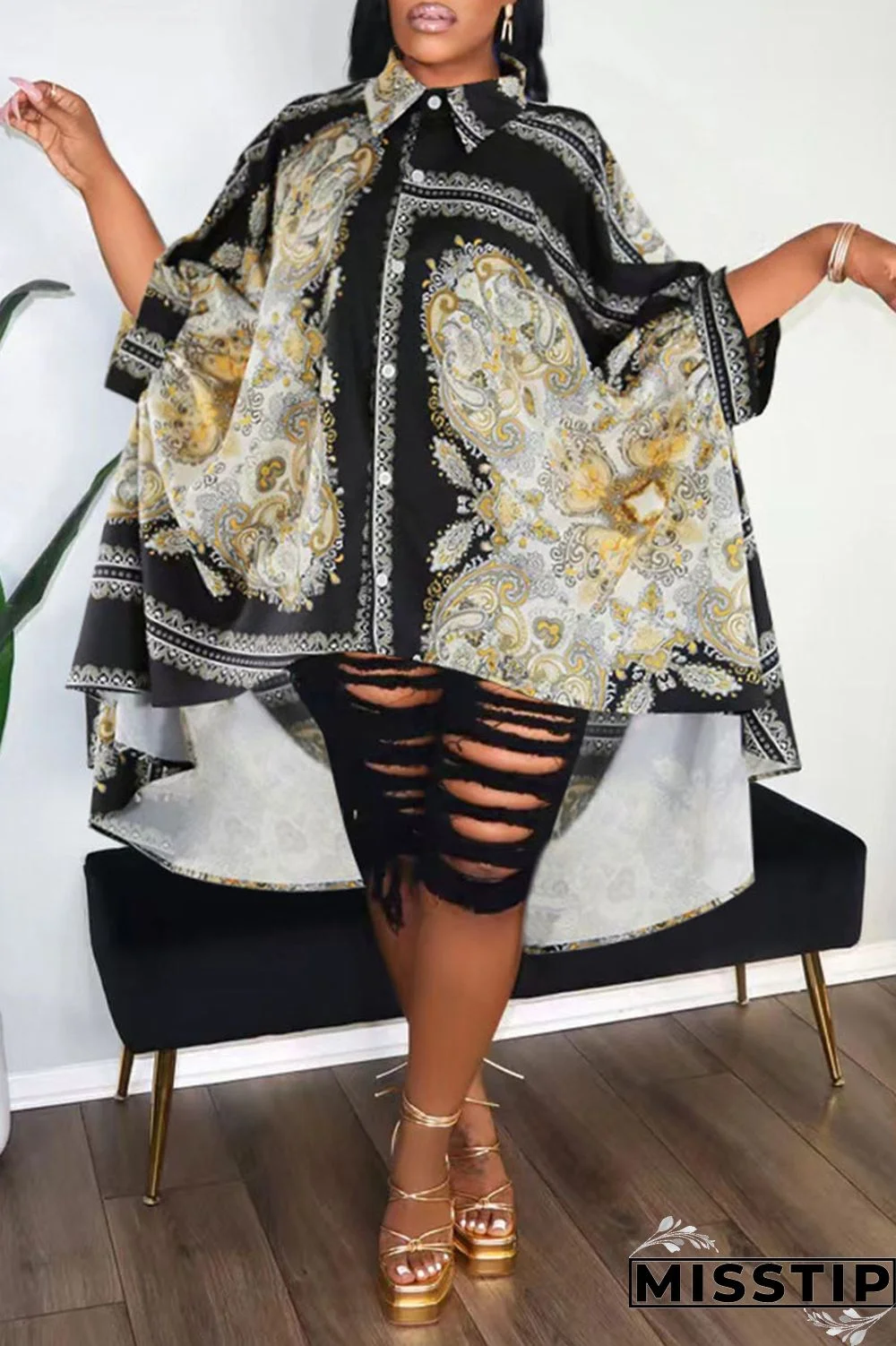 Gold Casual Print Patchwork Buckle Turndown Collar Tops