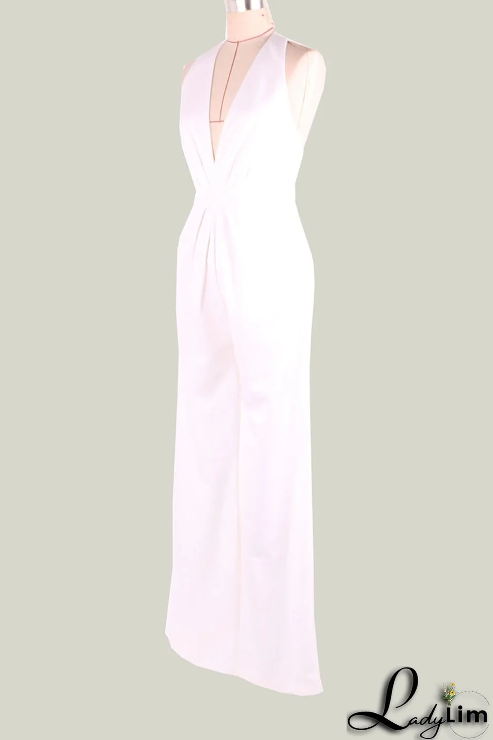 Black Simplicity Solid Split Joint Backless Halter Straight Jumpsuits