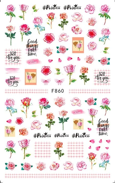Purple Red Pink Rose Flower 3D Nail Sticker Leaves Love Heart Self-Adhesive Slider Art Decorations Decals Manicure Accessories-Nail Inspo