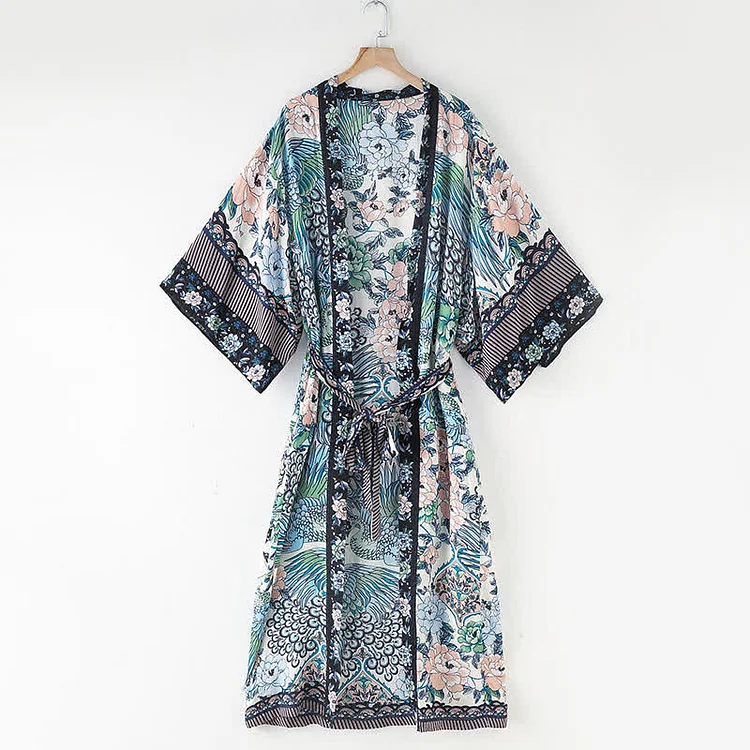 Boho Phoenix Flower Print Belt Robe Long Cardigan Kimono Outerwear - Modakawa modakawa