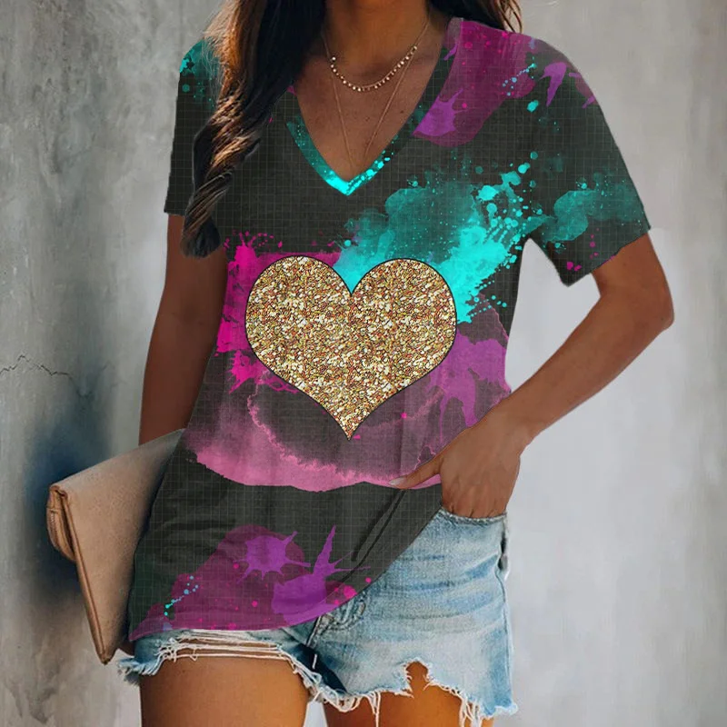 Unique Glitter Heart Shaped Printed Women Graphic Tees