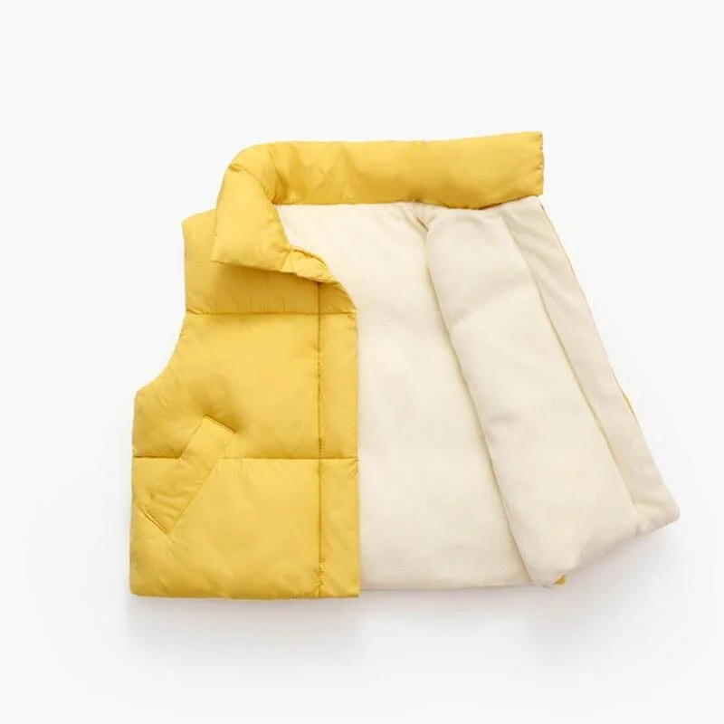 Children Solid Color Vest Boys Girls Plus Velvet Padded Clothes Kid Cotton Stand-Up Collar Waistcoat Baby Warm Wearing  4-9Y