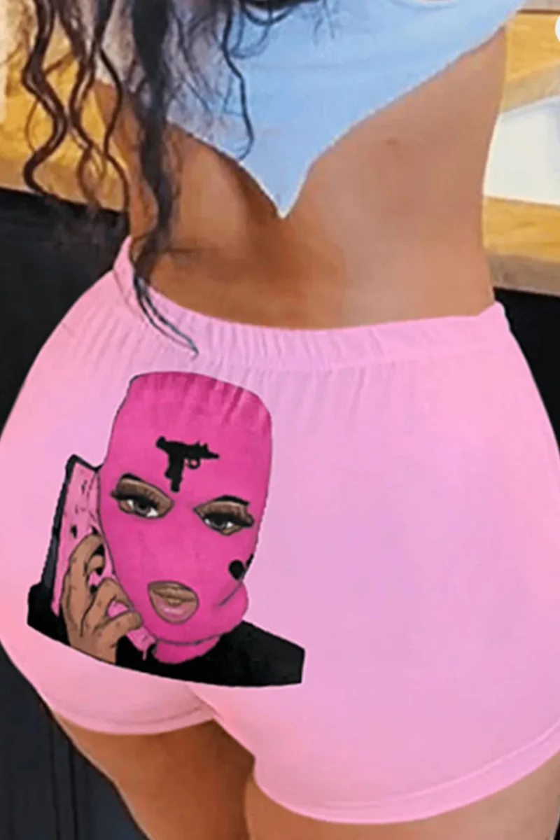 Pink Fashion Casual Print Basic Regular High Waist Shorts